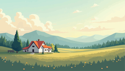 House in Field with Mountains and Trees