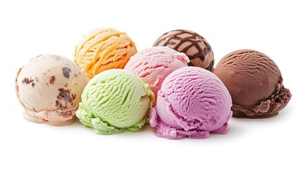 Six colorful scoops of ice cream in various flavors arranged together on a white background.