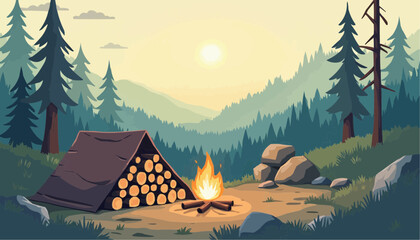 Campfire and Log Shelter in Forest