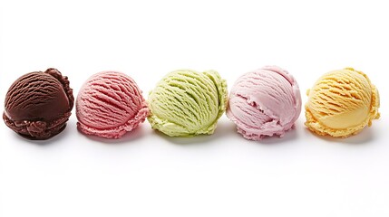 Five colorful scoops of ice cream in a row on a white background, showcasing different flavors and textures.