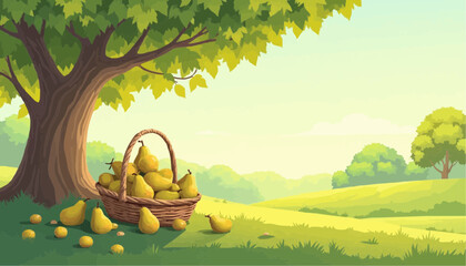 Pear basket under tree on meadow