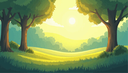 Cartoon Illustration of Field and Tree in Sunlight