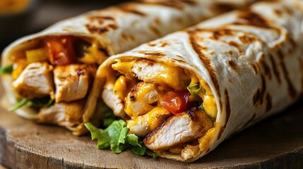 Two grilled chicken wraps filled with melted cheese, lettuce, and diced tomatoes, served on a wooden board.