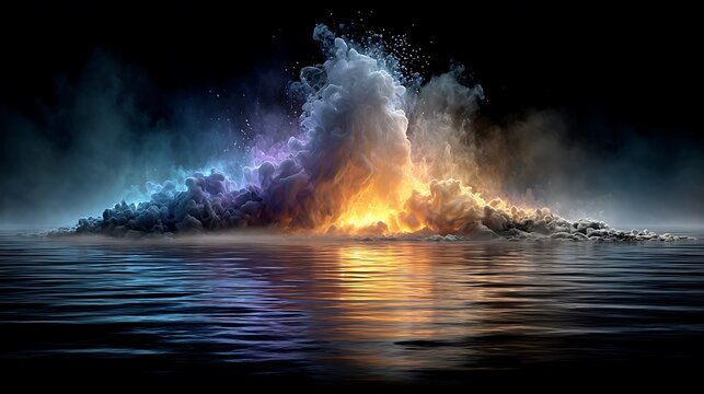 A misty night scene over a calm water surface, illuminated from below by pulsating neon lights, with white vapor and smoke swirling across the top.