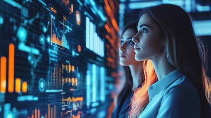 Two women analyze dynamic digital financial charts on a futuristic transparent screen in a high-tech environment.