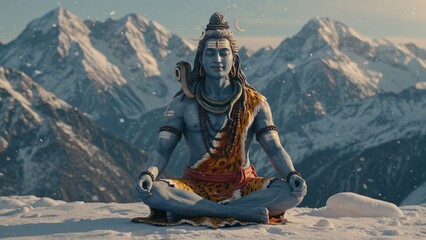 Depiction of Lord Shiva, one of the principal deities in Hinduism, revered as the god of destruction and transformation. Commonly portrayed with matted hair, a crescent moon