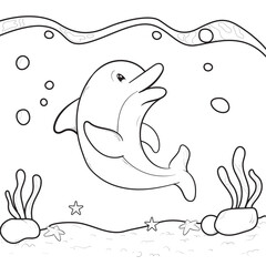 coloring pages for kids, black and white vector with dolphin theme smiling and waving fins, there are starfish and seaweed, the beauty of the underwater