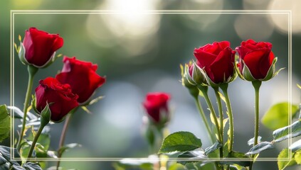 Elegant red greeting card template for Valentine's Day, featuring a romantic poster with roses, a clear glass frame, golden glow effect, and a bokeh background