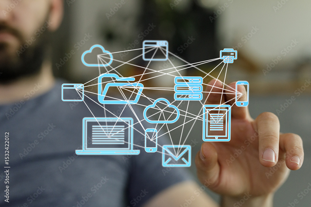 Poster Image depicts a person interacting with a digital network of devices and cloud storage.