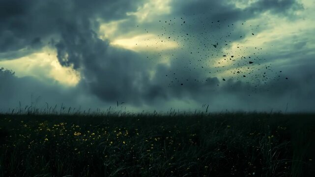 Mysterious storm over meadow with trees, wind blowing dust, and dark, ominous clouds in moody, nature landscape.