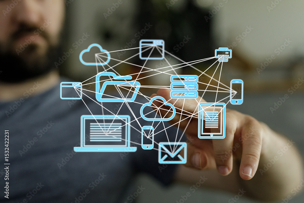 Aufkleber A man interacts with a visual representation of a cloud computing network, showcasing data connectivity and digital devices.