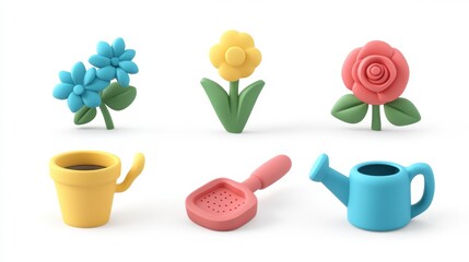 3D front-facing landscape icon set of sunlight, trowel, rose, flowerpot, gloves, watering can