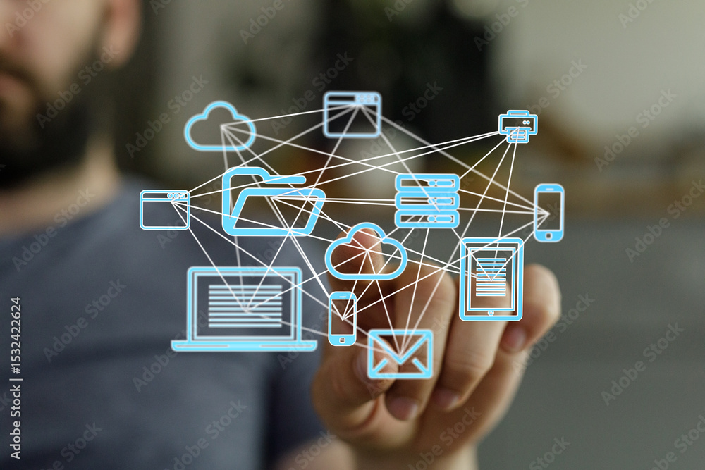 Poster Person using touchscreen to connect devices, cloud storage, and data.  Digital network concept.