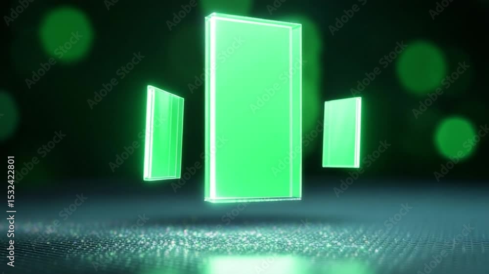 Poster Abstract Neon Display: A digitally rendered, abstract composition featuring three glowing, rectangular forms in varying sizes, set against a gradient background filled with soft bokeh effects.