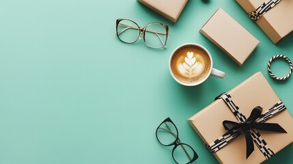 Flatlay Gift Boxes Coffee Latte Glasses Mint Background