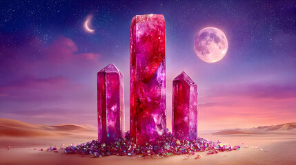 with giant crystal structures emerging from the sand under a twilight sky