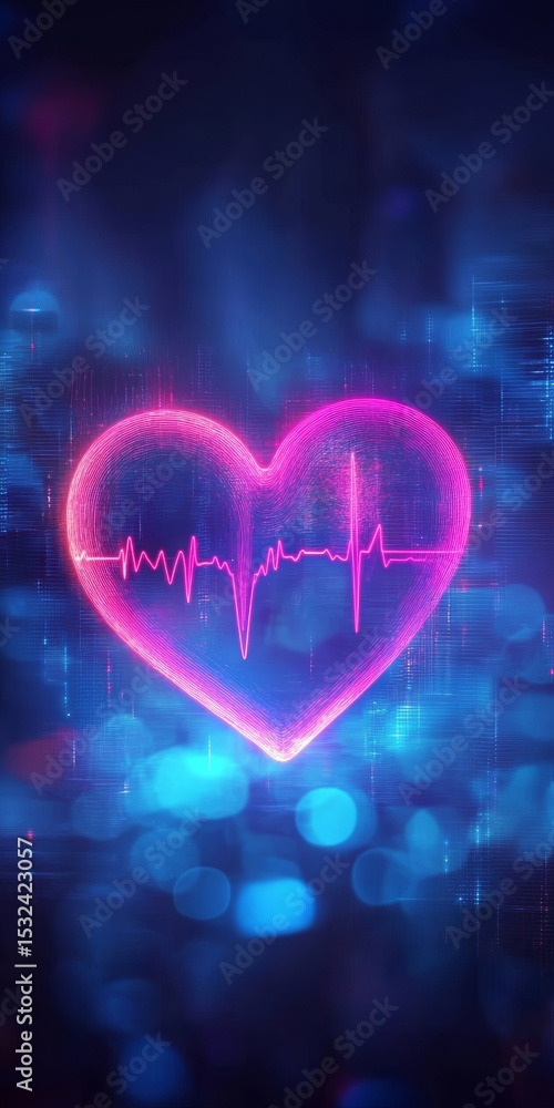 Poster vibrant neon heart outline with digital heartbeat pulsating over soft glowing bokeh background