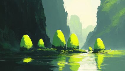 A Dark, Wet Stone Cave serves as the Backdrop for a Sci-Fi Adventure Involving Mystery Alien Eggs, Slime, and Green Volumetric Light that Illuminates an Underground Rock Tunnel