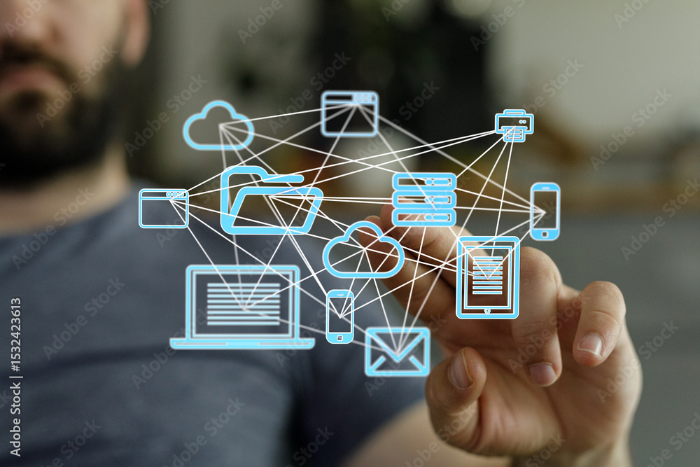 Poster stock photo of a person interacting with a holographic network showing cloud storage, file sharing, 
