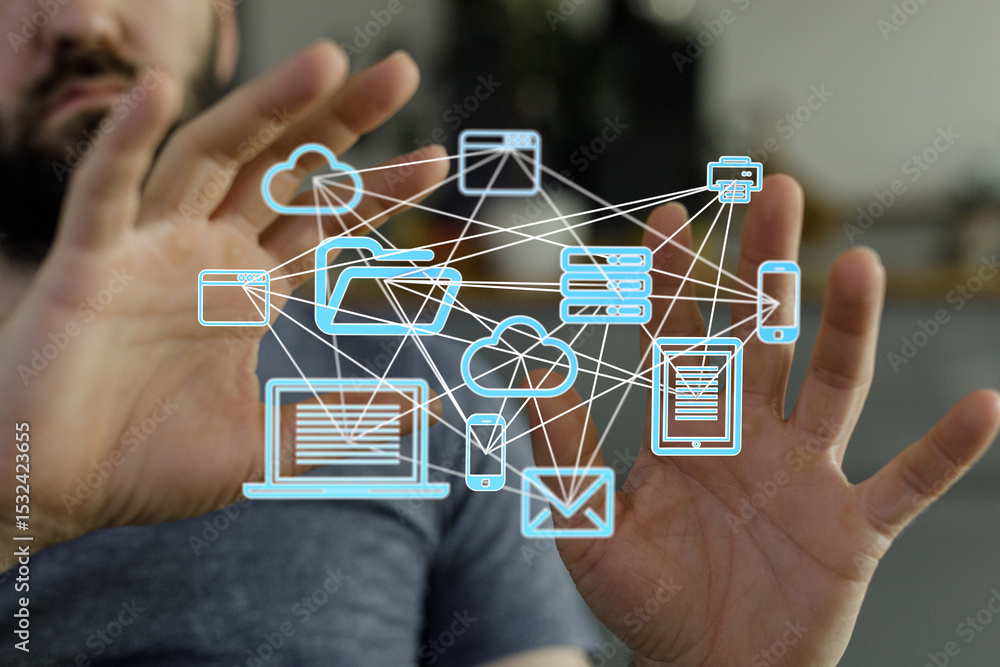 Poster A man interacts with a visual representation of a digital network, showcasing cloud storage, file sharing, and various devices.