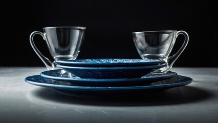 Elegant Table Setting Featuring Blue Plates and Clear Glass Tea Cups Against Black Background