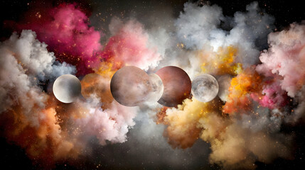 with multiple moons and swirling gaseous clouds in vivid alien tones