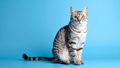Fototapeta premium Photograph of a grey and white striped cat sitting on a blue background.
