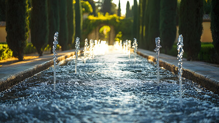 Close up of fountain in the famous avenue of cypress trees, Generalife gardens near Alhambra complex, Granada