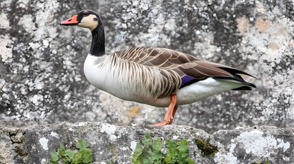 Majestic Upland Goose on Stone Wall, Bird Wildlife Photography