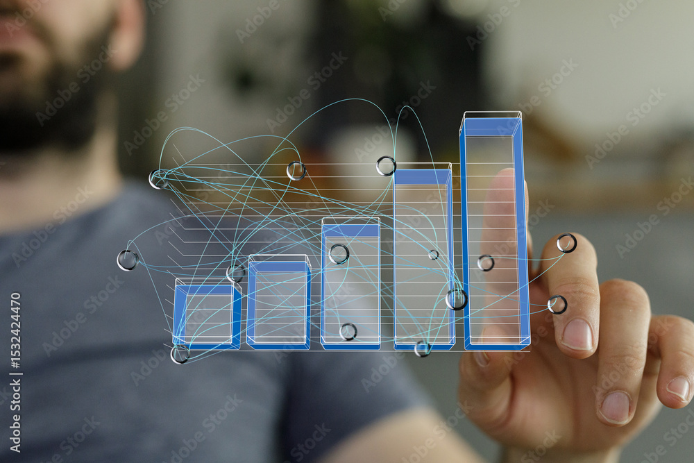 Fototapete SEO-optimized image of a person interacting with a 3D bar chart, visualizing business growth and data analysis.