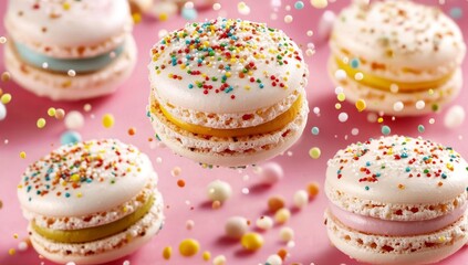 French macaroons in a range of vibrant colors and flavors are captured in motion, falling onto a pink background and showcasing their sweet and lively appearance