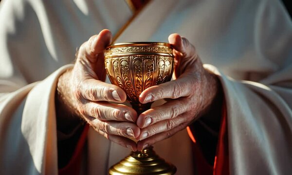 Elderly person holding a golden chalice during a ceremonial event in a quiet setting