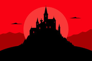 Fototapeta premium Silhouette of a Mysterious Castle at Sunset A Gothic Landscape Illustration