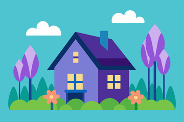 Fototapeta premium Charming Purple House in Spring Landscape Illustration