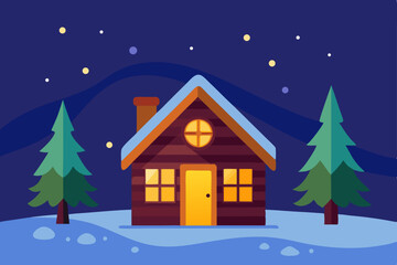 Cozy Cabin in a Winter Wonderland Snowy Night Scene Illustration