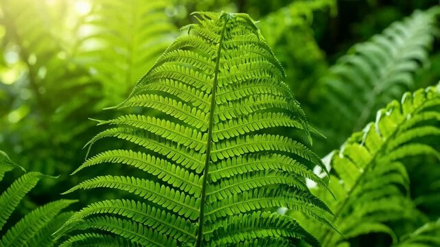 Close up vibrant green fern leaf with intricate patterns in a peaceful forest, bathed in soft, natural sunlight and bokeh effect.