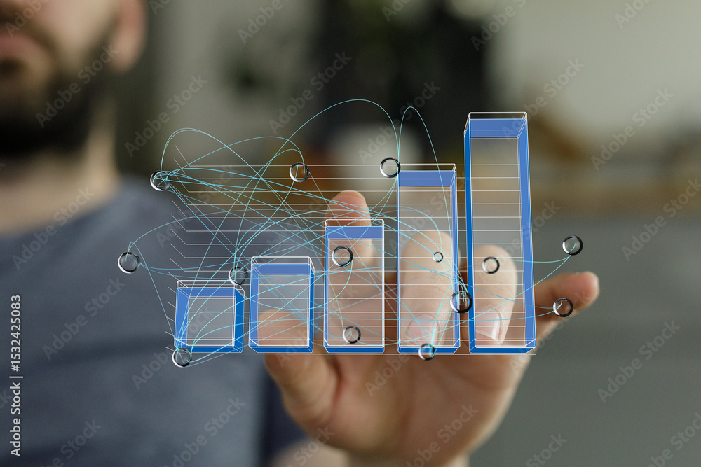 Poster A hand interacts with a digital bar chart, visualizing business growth and data analysis.
