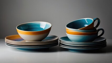 Stacks of Pottery Plates and Bowls with Colorful Glaze on Simple Tabletop