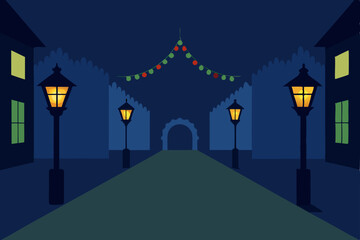 Charming Night Scene Festive Street at Night with Illuminated Lamps and Garland