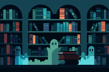 Enchanted Library Ghosts Among the Bookshelves - A Spooky Illustration