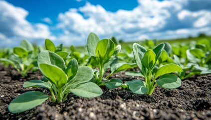 Green wheat seedlings sprouting in a spring field, set against a backdrop of sky and clouds in slow motion, serve as a symbol of life, growth, and development in wheat cultivation and the broader