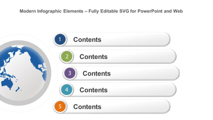 5-Step Numbered List Infographic with Globe Icon for PowerPoint Presentation. Fully editable vector SVG file compatible with PowerPoint.