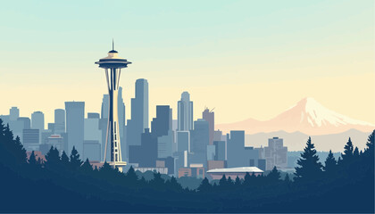 Seattle skyline, tower and mountain
