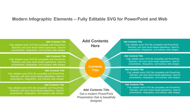 8-Point Hub and Spoke Infographic for PowerPoint Presentation. Fully editable vector SVG file compatible with PowerPoint, Illustrator, and most vector-based applications.