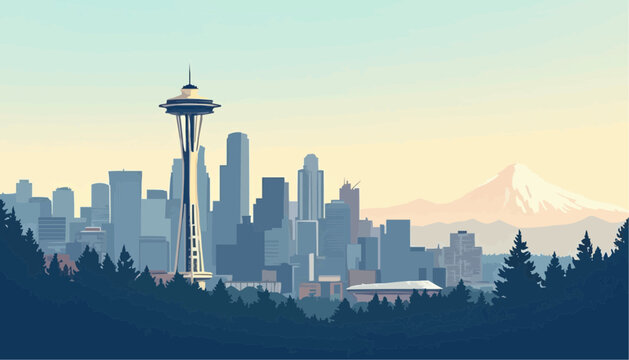 Seattle skyline, tower and mountain