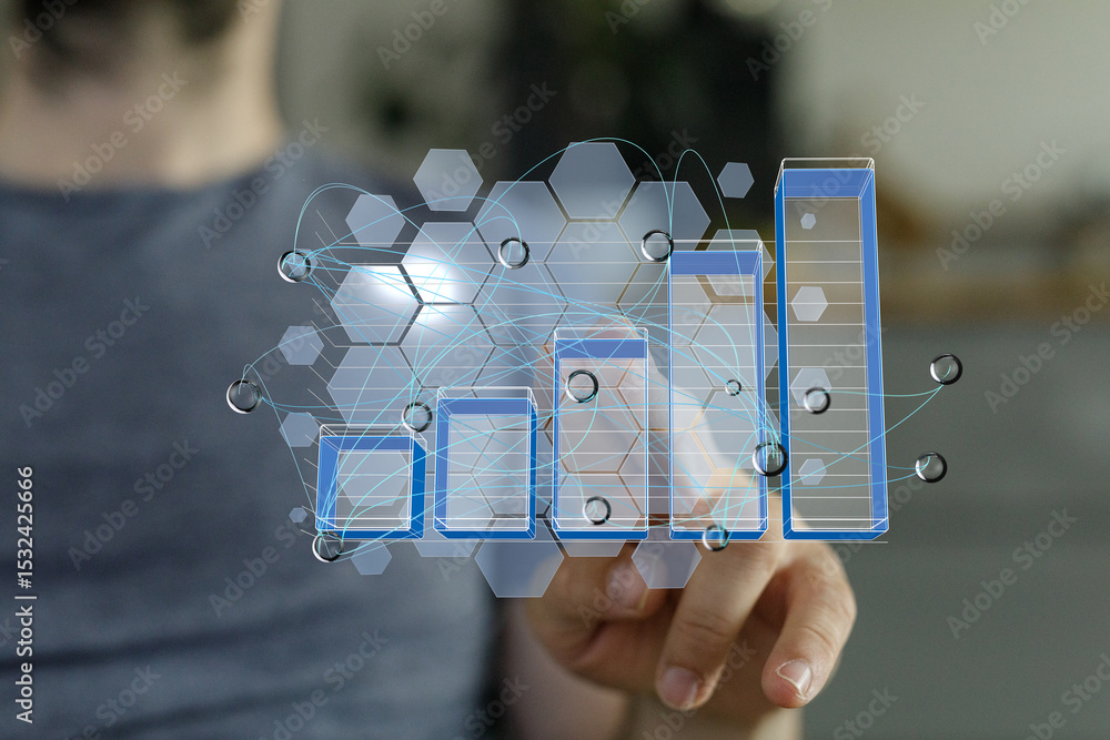 Poster stock photo of a person interacting with a digital graph showing business growth and data analysis.