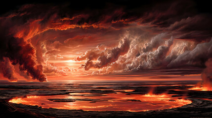 eruption in a dark alien world with glowing lava rivers and smoke trails