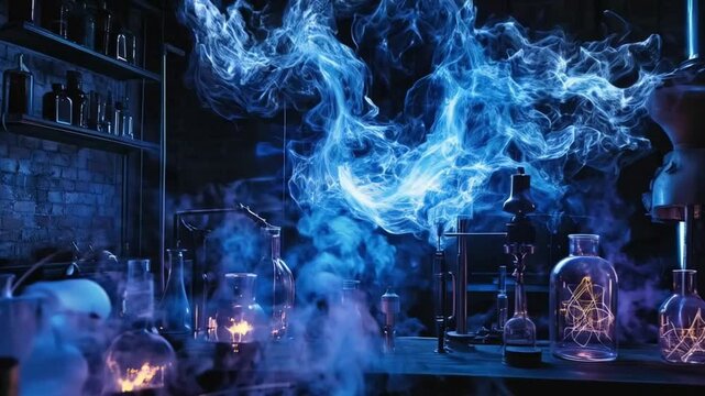 Glowing alchemical laboratory, swirling blue mist and mysterious experiments