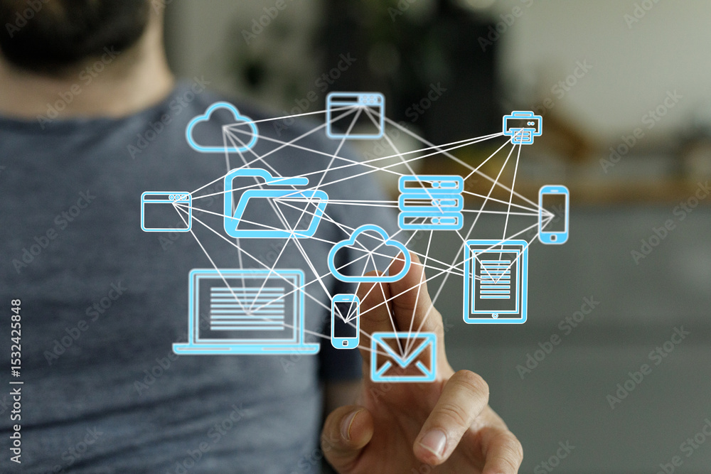 Poster Stock photo of a person interacting with a digital network, showcasing cloud computing, data storage, and device connectivity.