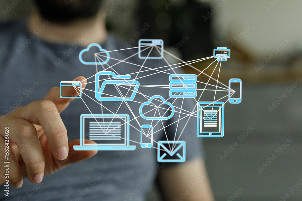 Poster stock photo of a person interacting with a digital network showing cloud storage, devices, and data 